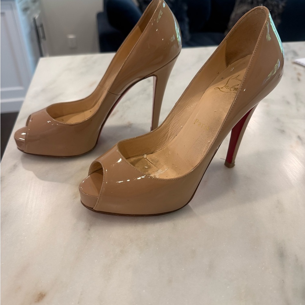 Christian Louboutin Patent Nude Peep-Toe Platform Pumps